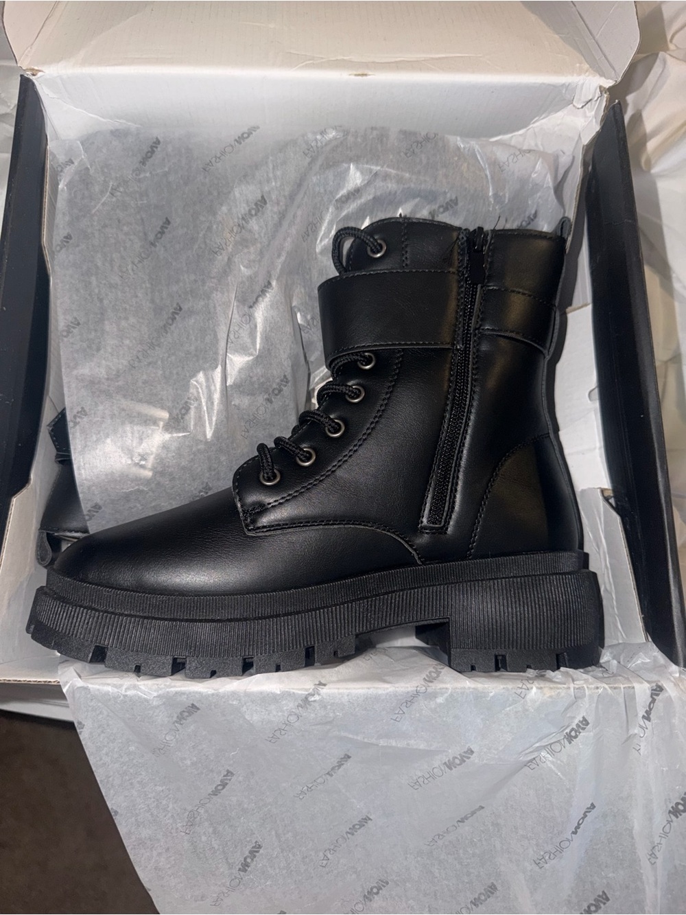 Fashion Nova Black Leather Combat Boots with Lug Sole